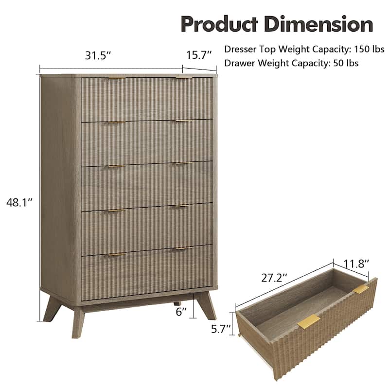 Modern 5 Chest of Drawers, Wood Dresser for Bedroom, Living Room