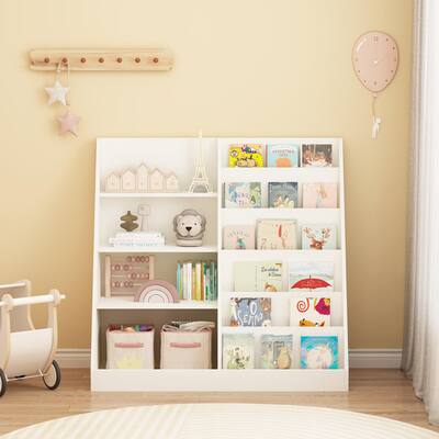 Multifunctional 4-Tier Wooden Kids Bookshelf & Toy Organizer – Compact Display Stand for Nursery, Playroom.