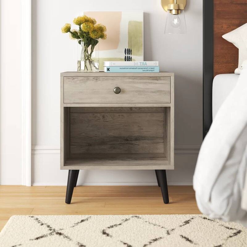 Solid Wood Nightstand with Drawer and Open Shelf