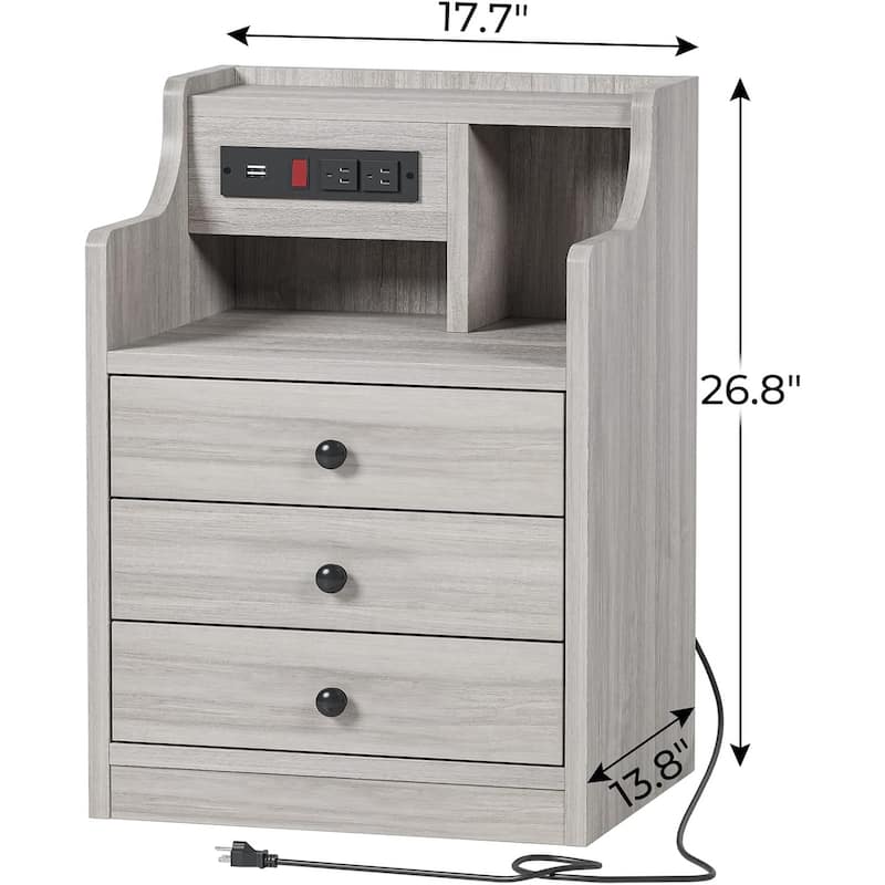 Nightstand with Drawers Charging Station End Side Table with Hutch