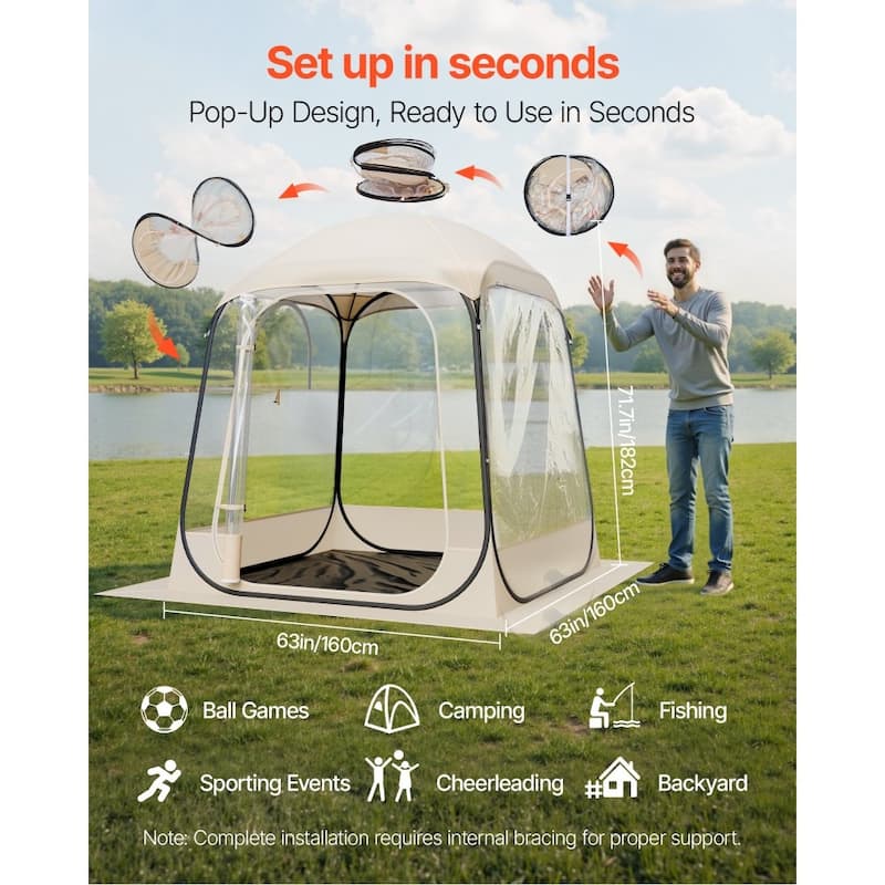 Beige-Transparent-Black Pop-Up Sports Tent TPU Fabric Steel Frame - 62.99 × 62.99 × 71.65 in