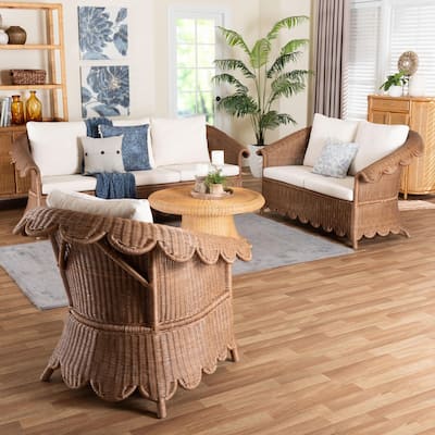 Detta Natural Rattan 3-Piece Living Room Set - Handwoven Wicker Lounge Seating with Scalloped Skirt Base and Rolled Arms