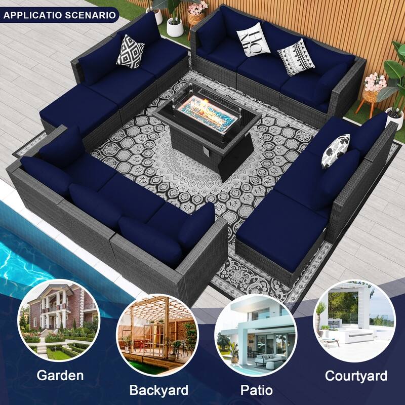 FINCATI Outdoor Grey Wicker Sectional Furniture Patio Sofa Set with Firepit Table