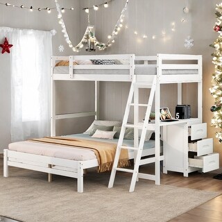 Twin over Full Bunk Bed with Built-in Desk and Three Drawers,Multifunctional Loft Bunk Bed With Storage