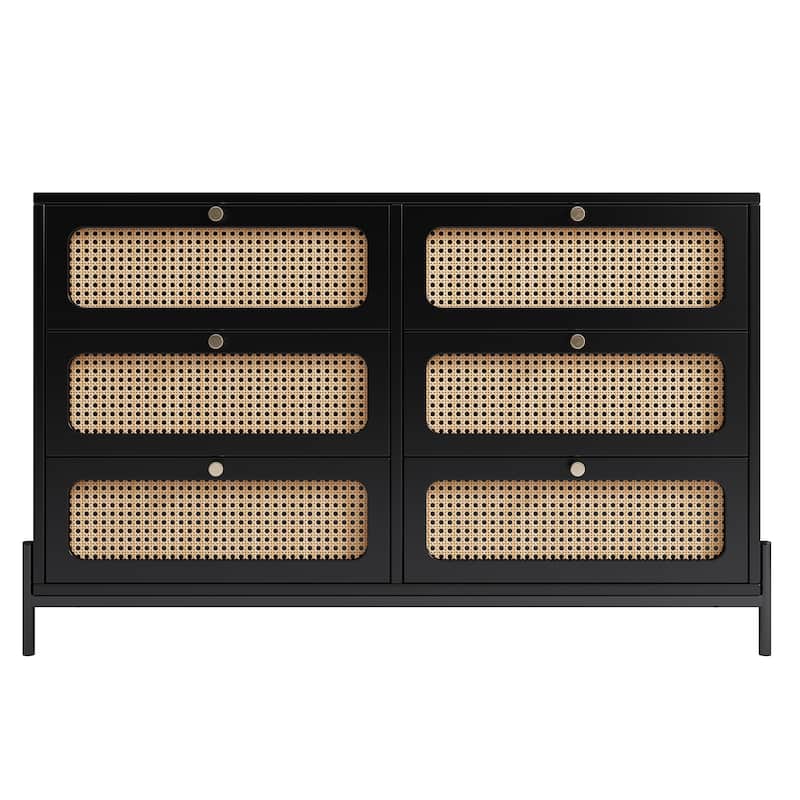 Modern Rattan Dresser with Metal Legs and 6 Storage Drawers, Ideal for Bedroom, Living Room, or Entryway