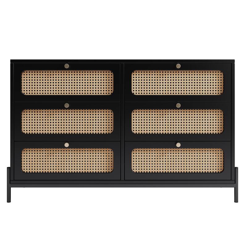 Modern Wood Storage Cabinet with 6 Rattan Drawers for Bedroom, Living Room, Entryway