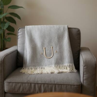 HomeRoots 55" X 70" Gray And White Herringbone Cotton Blend U Initial Throw Blanket with Tassels And Embroidery