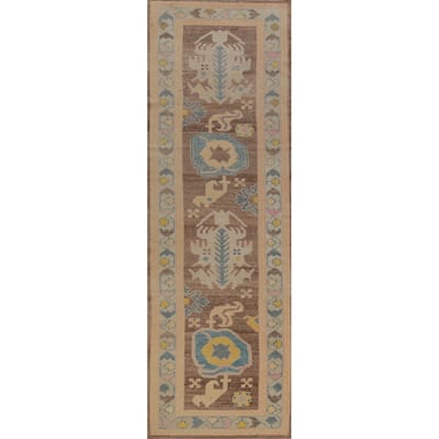Hand Knotted Oriental 100% Wool Carpet Transitional Geometric Brown Oushak Runner Rug - 12' 3'' X 3' 2''