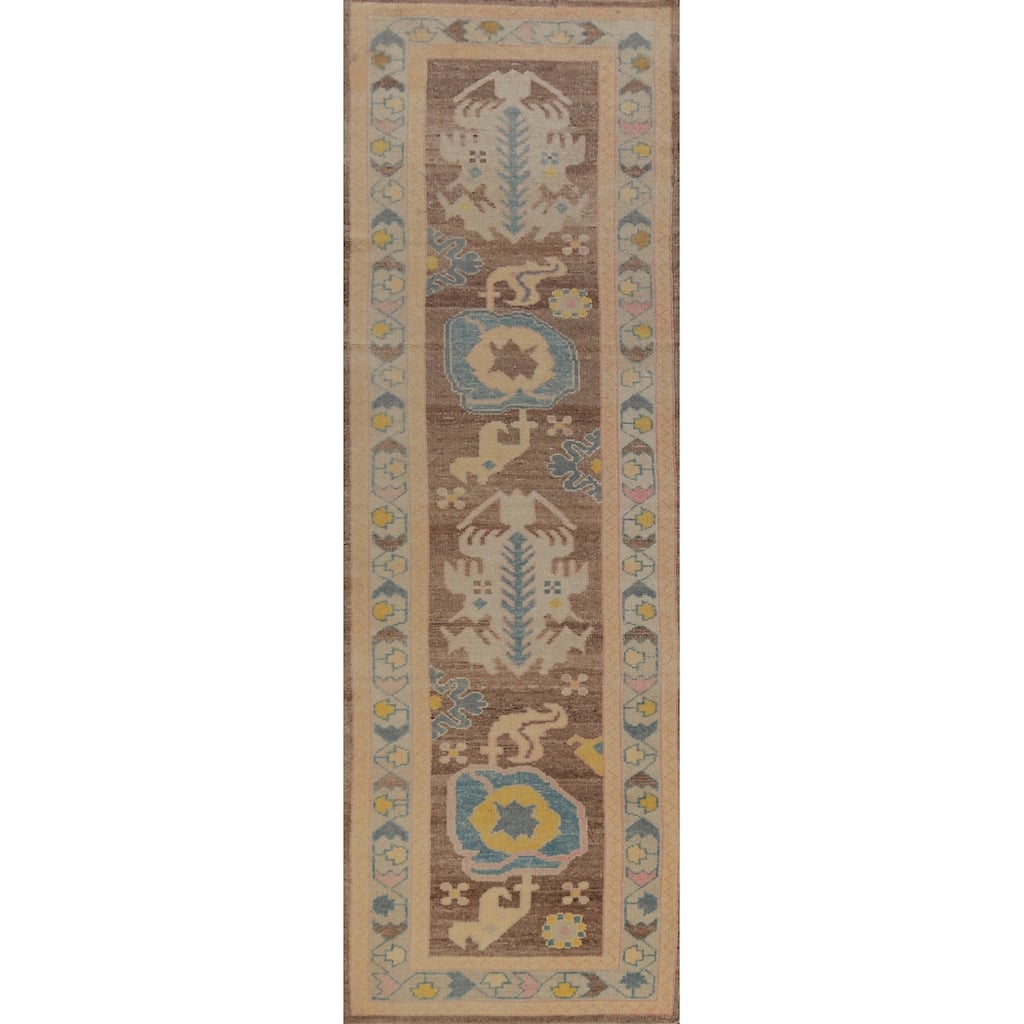 Hand Knotted Oriental 100% Wool Carpet Transitional Geometric Brown Oushak Runner Rug - 12' 3'' X 3' 2''