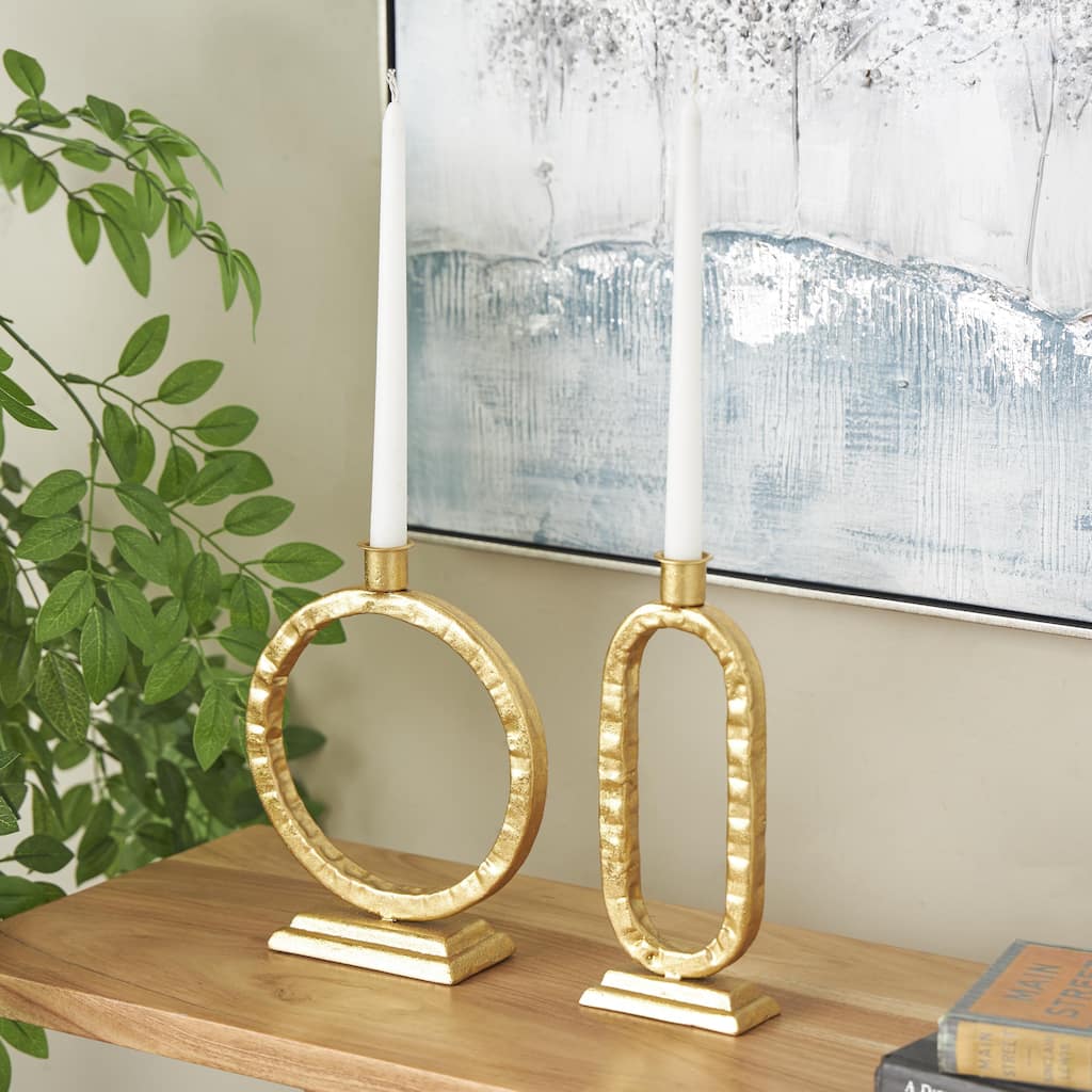 Gold Metal Tapered Decorative Candle Holder with Rectangle Base (Set of 2) - 2"W x 4"L x 10"H