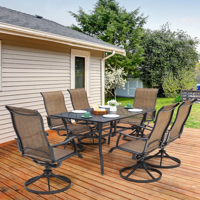 7-Piece Patio Iron Dining Set with Textilene Swivel Chairs, Brown and Black - Brown&Black