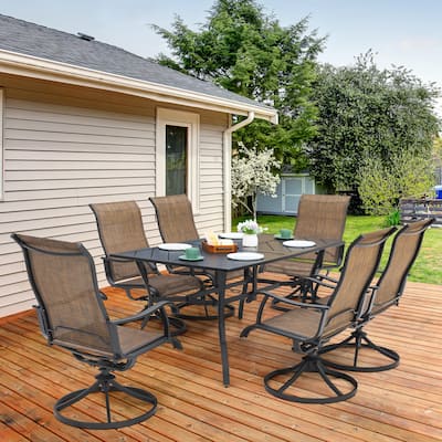 7-Piece Patio Iron Dining Set with Textilene Swivel Chairs, Brown and Black