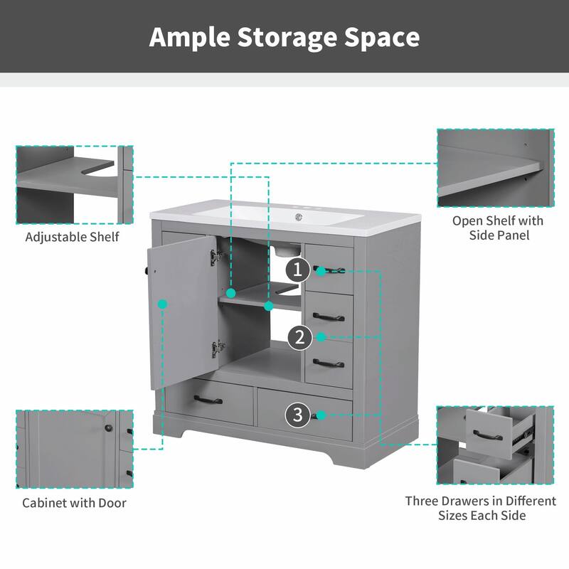 36" Bathroom Vanity with Sink Combo: Six Drawers, Multi-Functional Divider, Adjustable Shelf