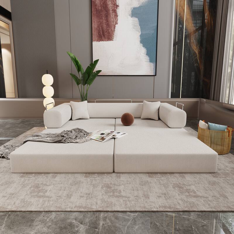 Beige Corduroy and Foam Double Sofa Bed with High - Elasticity Sponge and Soft Pillows