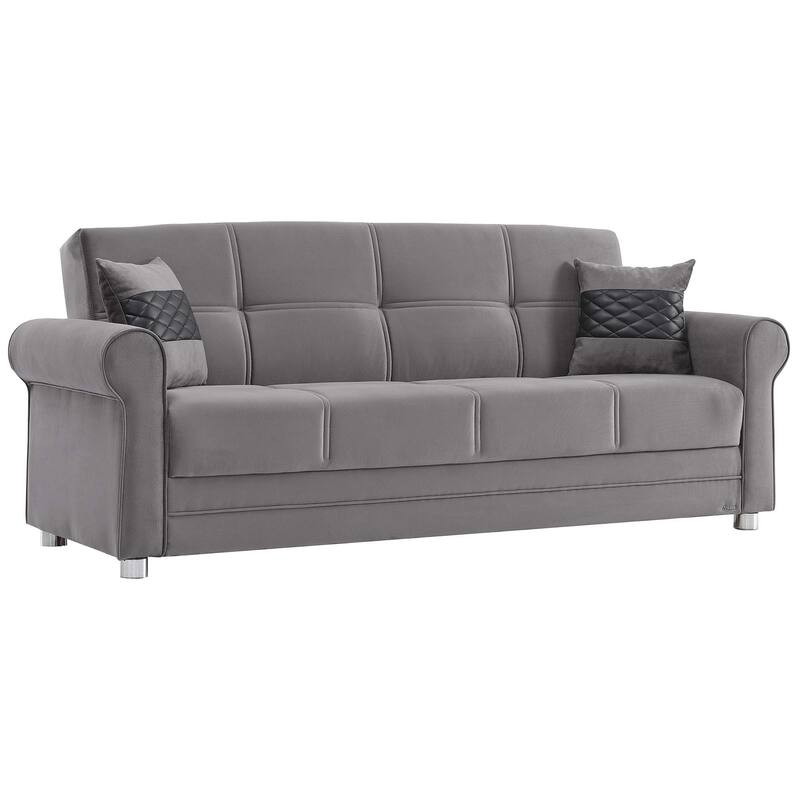 HomeRoots 89" Gray Microfiber Convertible Futon Sleeper Sofa And Toss Pillows With Storage
