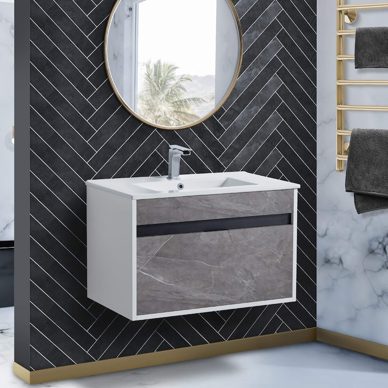 Fine Fixtures - Wall Mount Bathroom Vanity And Sink, Knob Free Design - Alpine Collection - - 30" - Gray Walnut