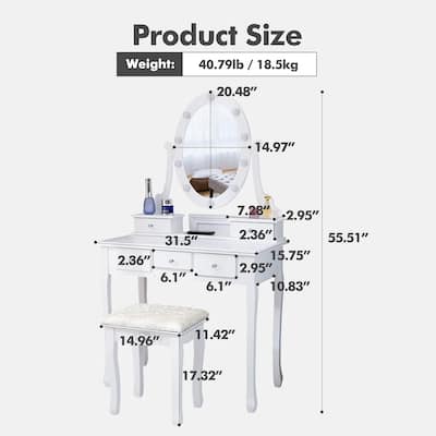 White MDF Dressing Table with LED Mirror, Stool, and Storage