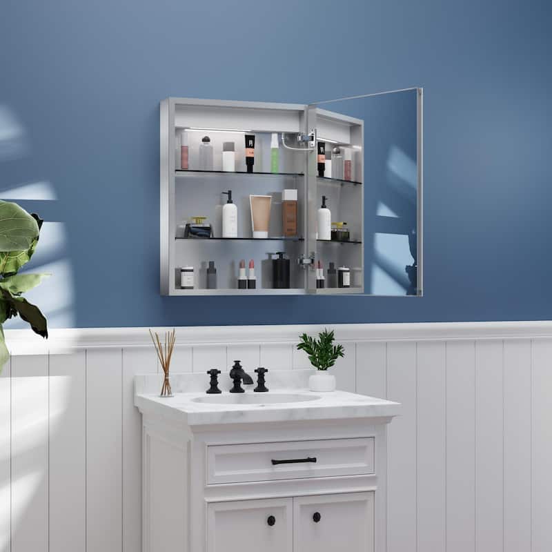 ExBrite LED Lighted Bathroom Medicine Cabinet with Mirror,Recessed or Surface Mount, Defog