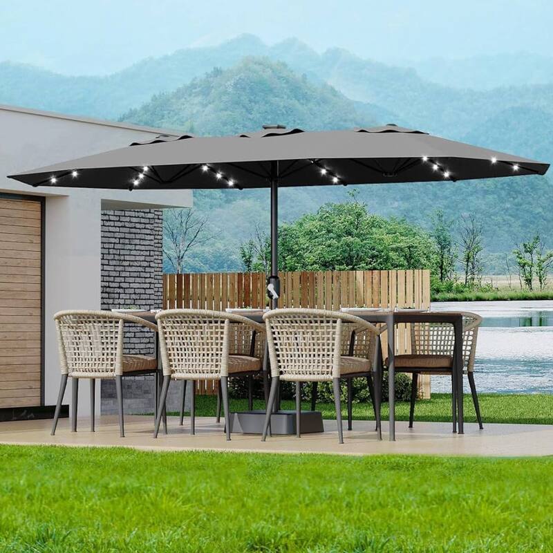 15FT Double-Sided Patio Umbrella with with LED and Base Included for Pool Lawn Garden - Grey