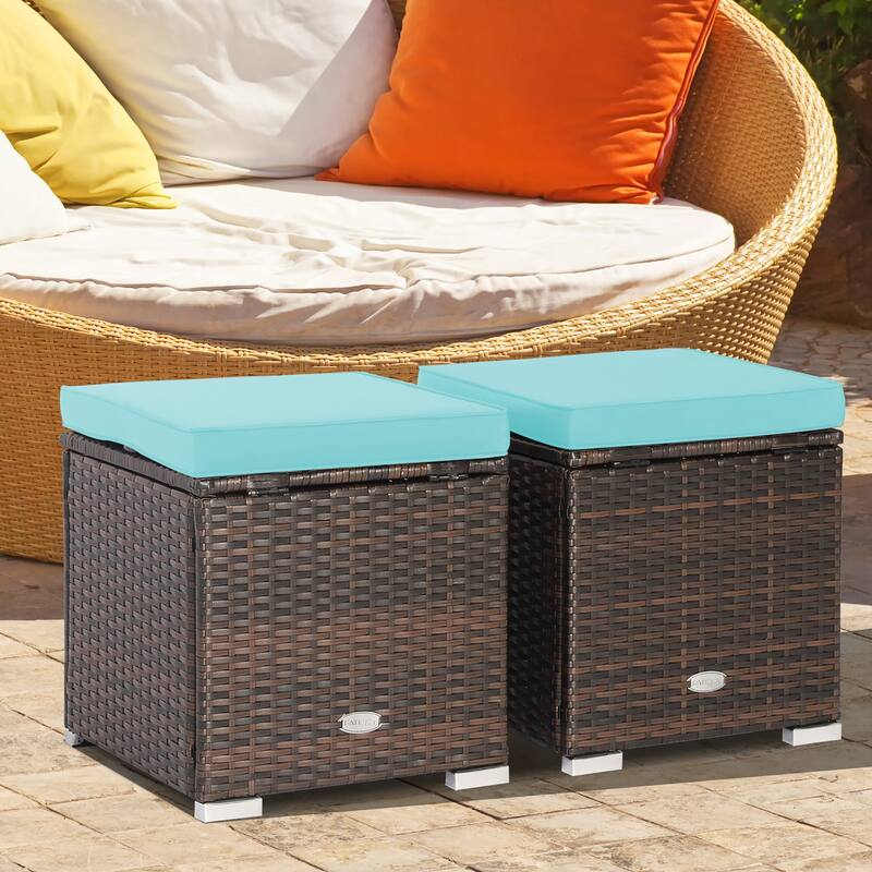 Costway 2PCS Patio Rattan Ottomans Seat Side Table Storage Box - See Details - Turquoise