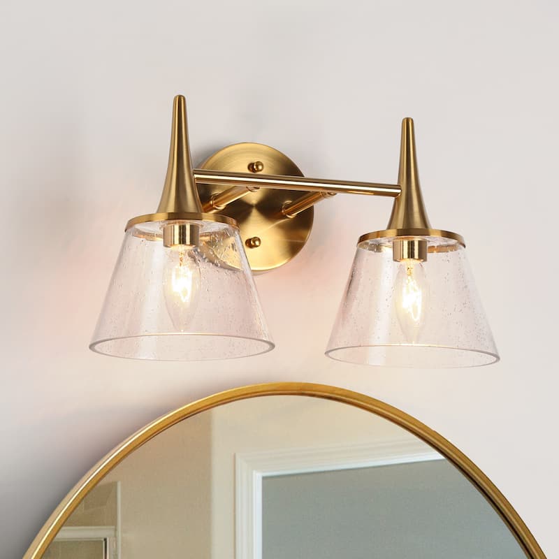 Mola Modern Gold 2-Light Bathroom Vanity Lights Seeded Glass Wall Sconces - L 14.2" x W 7.9" x H 9"