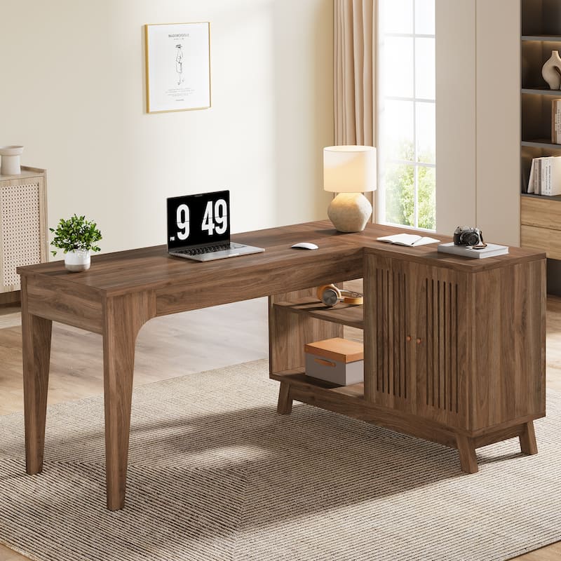 57'' Wood L-Shaped Corner Computer Desk Writing Table with Cabinet - Brown