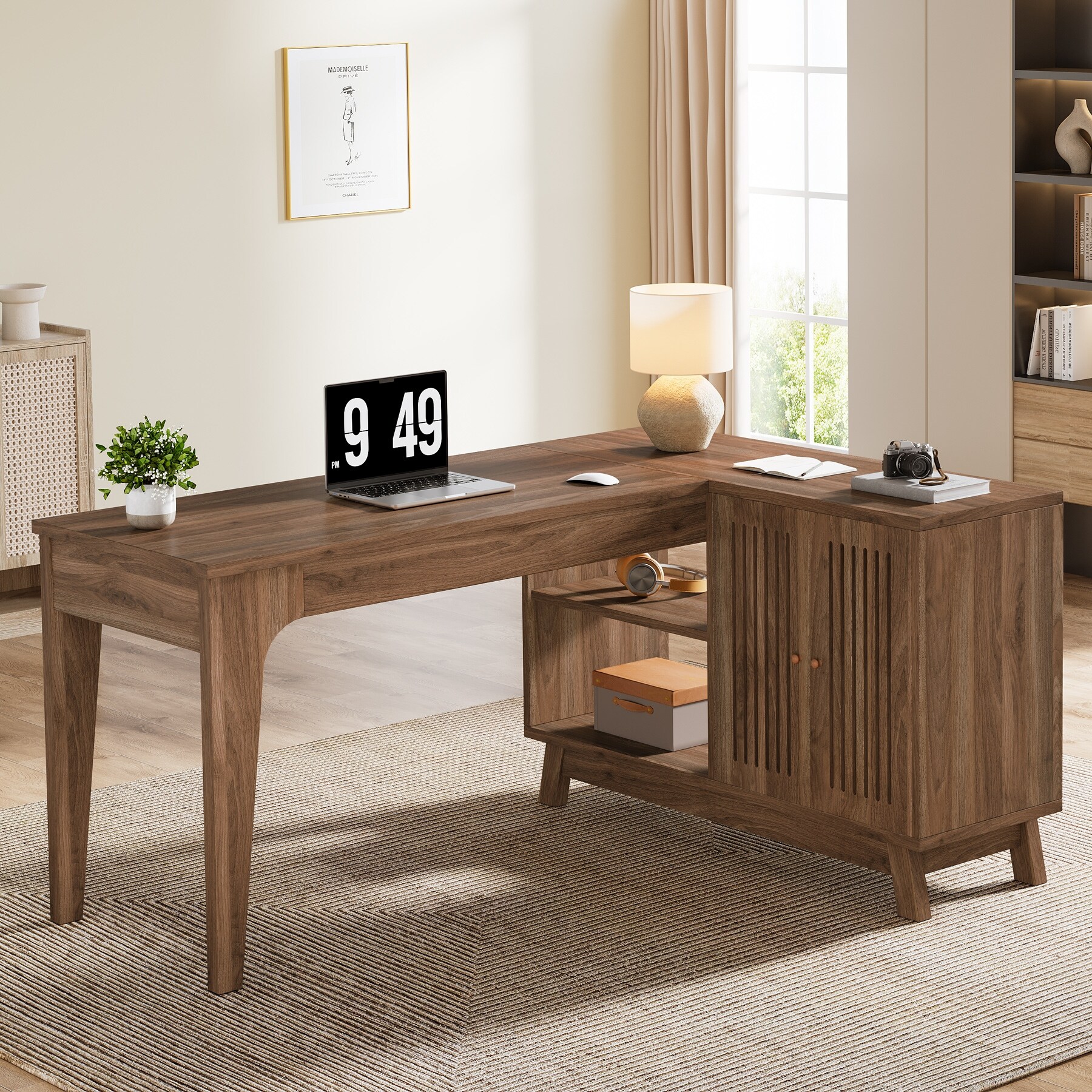 57'' Wood L-Shaped Corner Computer Desk Writing Table with Cabinet