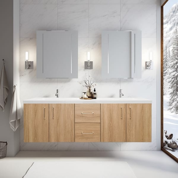 slide 2 of 19, Prismella 60" 72" 84" Wall-Mount Double Sink Bathroom Vanity in Oak with Top