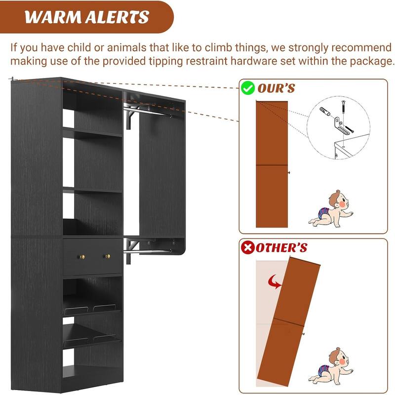 5FT Closet System with 2 Hanging Rods and Wooden Drawer, Walk-in Closet Organizer with 2 Wing Shelve and Adjustable Rack Shelves