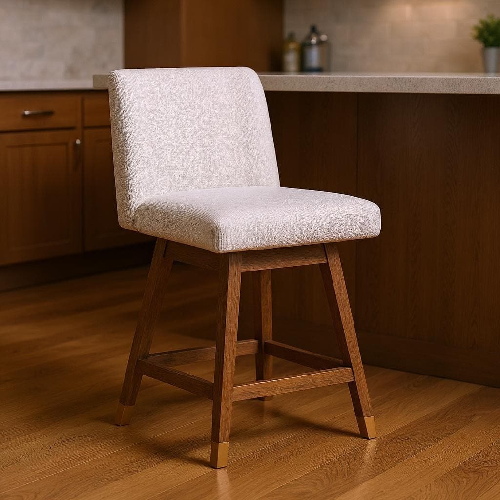 HomeRoots 26" Beige And Brown Solid Wood Swivel Bar Height Bar Chair