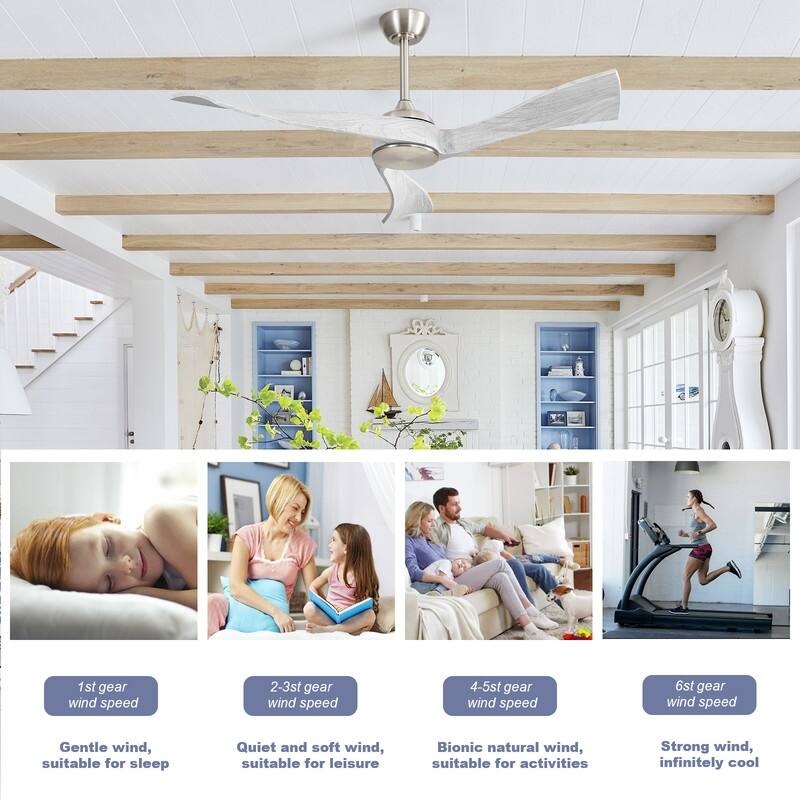 52''/60" Large Ceiling Fan without Lights, Remote Control and Reversible Motor Included, 3 Wood Blades