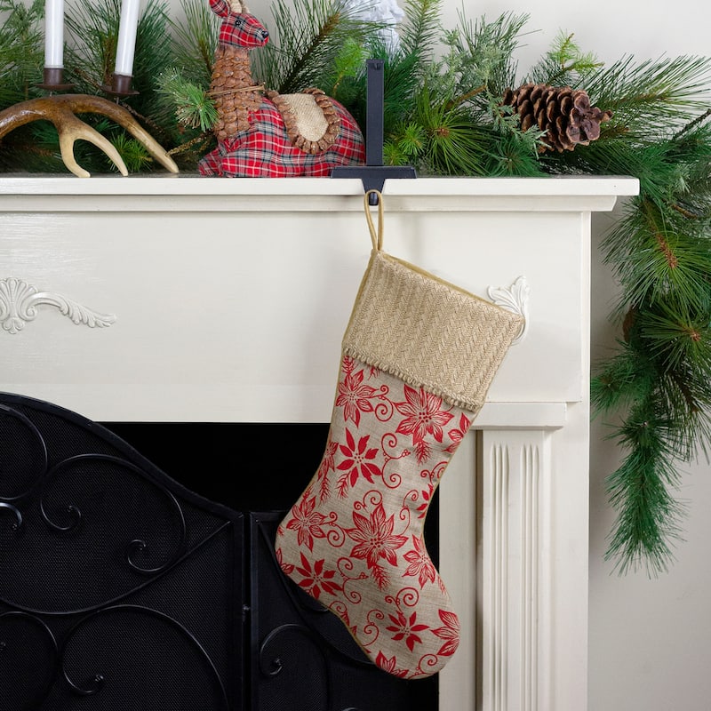 20" Tan and Red Rustic Burlap Poinsettia Christmas Stocking