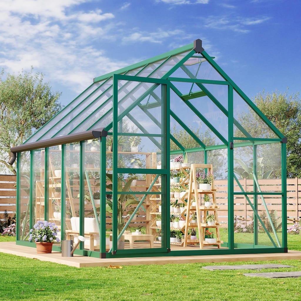 8 x 10 ft Greenhouse, Polycarbonate Walk-in Greenhouse with Aluminum Frame, Adjustable Roof Vent and Lockable Door, Green