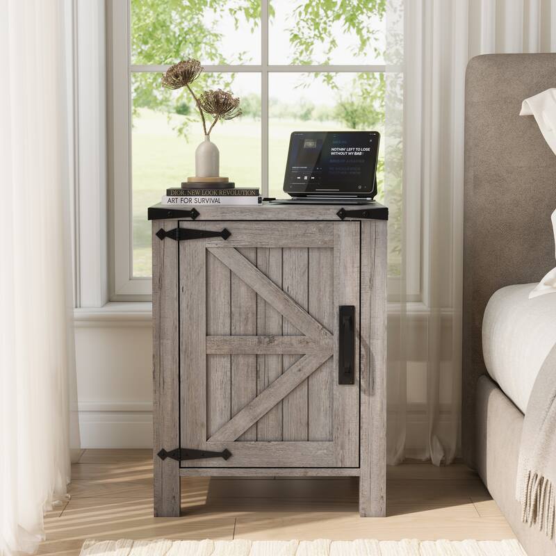 Farmhouse Nightstand with Charging Station, End Table with Barn Door