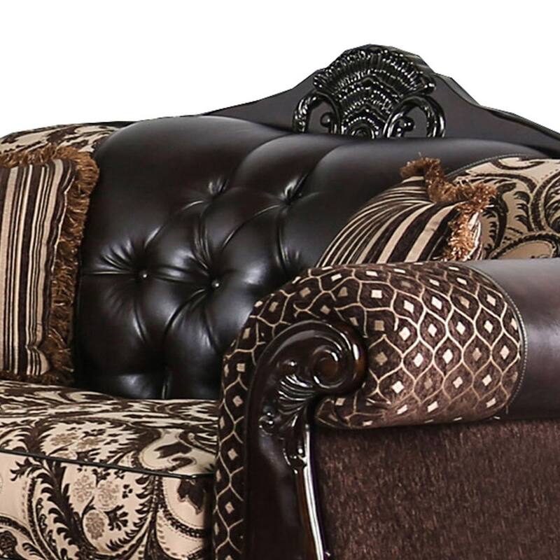 Traditional Wooden Loveseat with Button Tufted Backrest, Beige and Brown