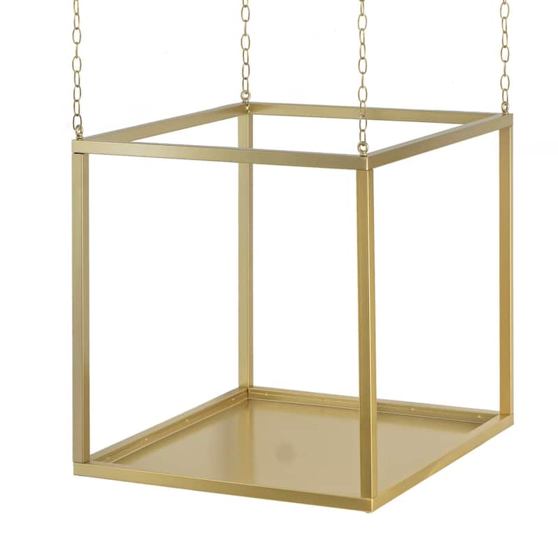 16 Inch Modern Iron Plant Stand, 4 Chains, Open Cube Design, Gold Finish
