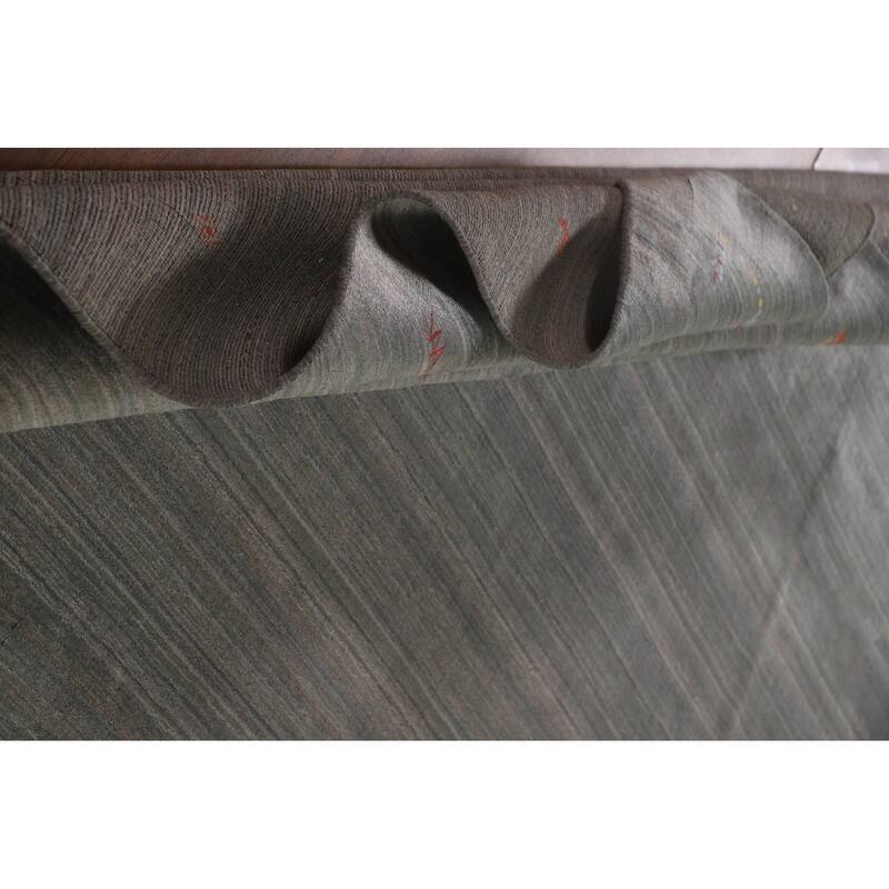 Striped Green Gabbeh Area Rug Hand-Knotted Wool Carpet - 8'10"x 11'8"