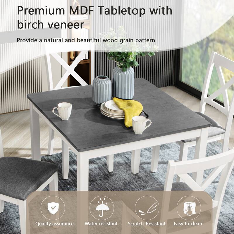 5-Piece Wooden Dining Table Set, Kitchen Table Chairs Set with Square Table, 4 X-Shaped Backrest Upholstered Chair