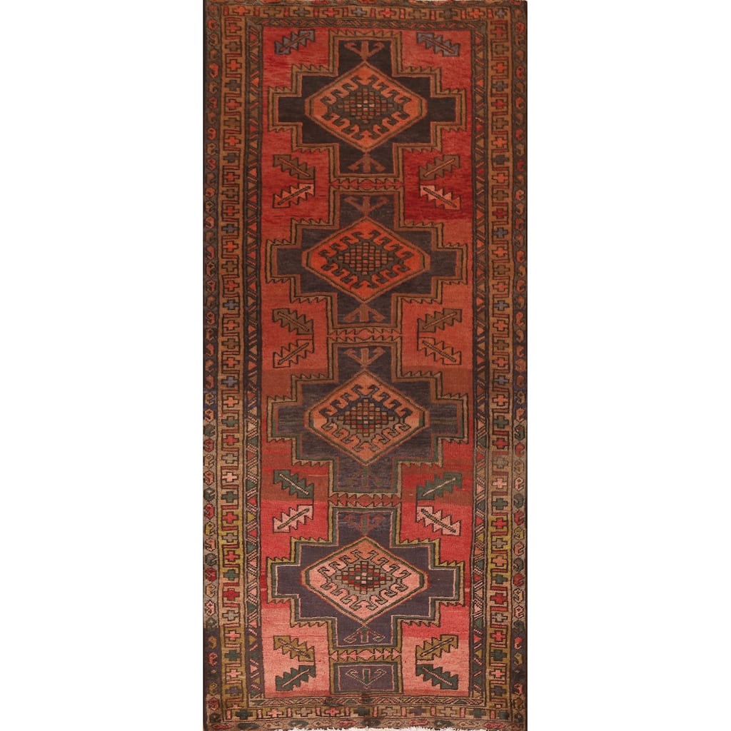 Hamedan Persian Vintage Runner Rug Handmade Wool Carpet - 3'8"x 9'5"