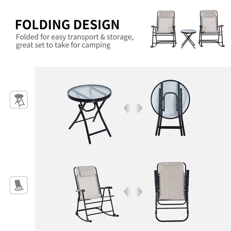 3 Piece Outdoor Rocking Chair Set, Patio Folding Lawn Rocker Set with Glass Coffee Table, Headrests for Yard, Patio, Dec