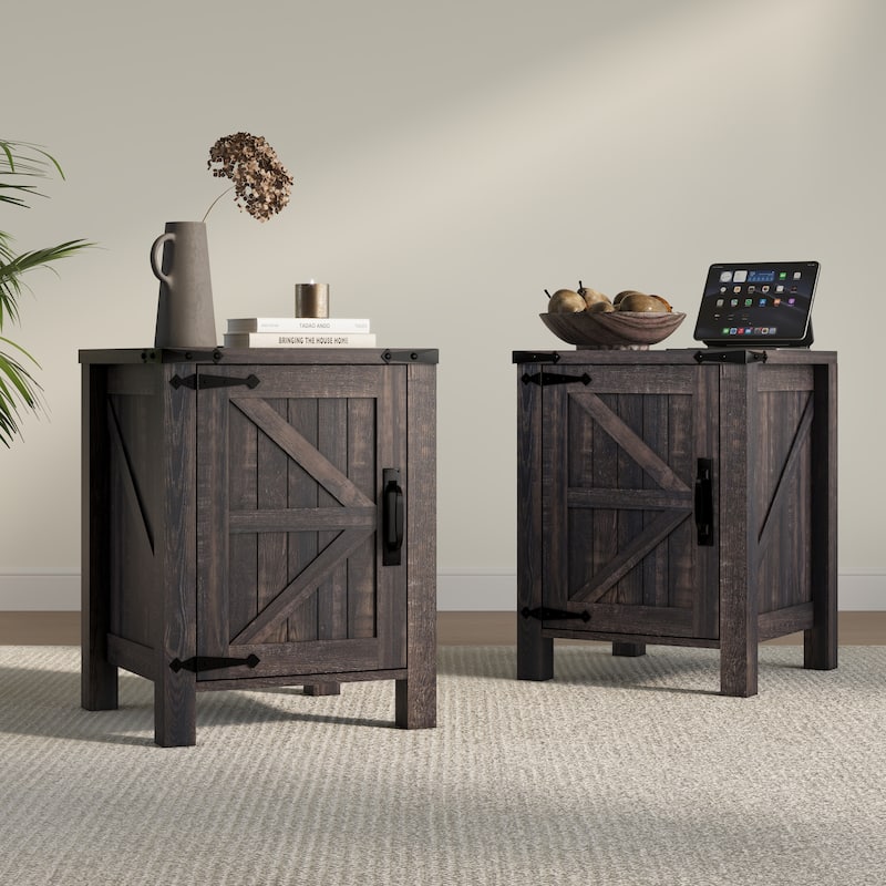 Farmhouse Nightstand Set of 2 with Charging Station, Rustic End Table - Black