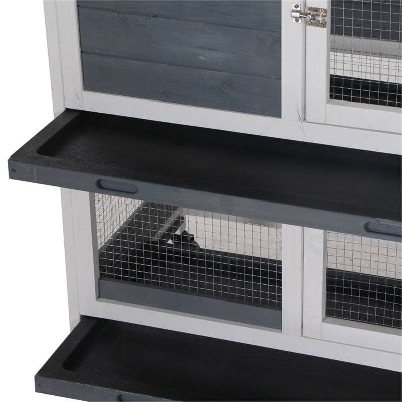 Gray and White Fir Wood Two-Floor Bunny Hutch with Wheels Pull Out Tray and Spacious Run for Small Pets