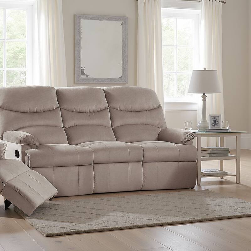 Karry Manual Recliner Sofa, Light Brown Velvet, 73 Inch Solid Wood