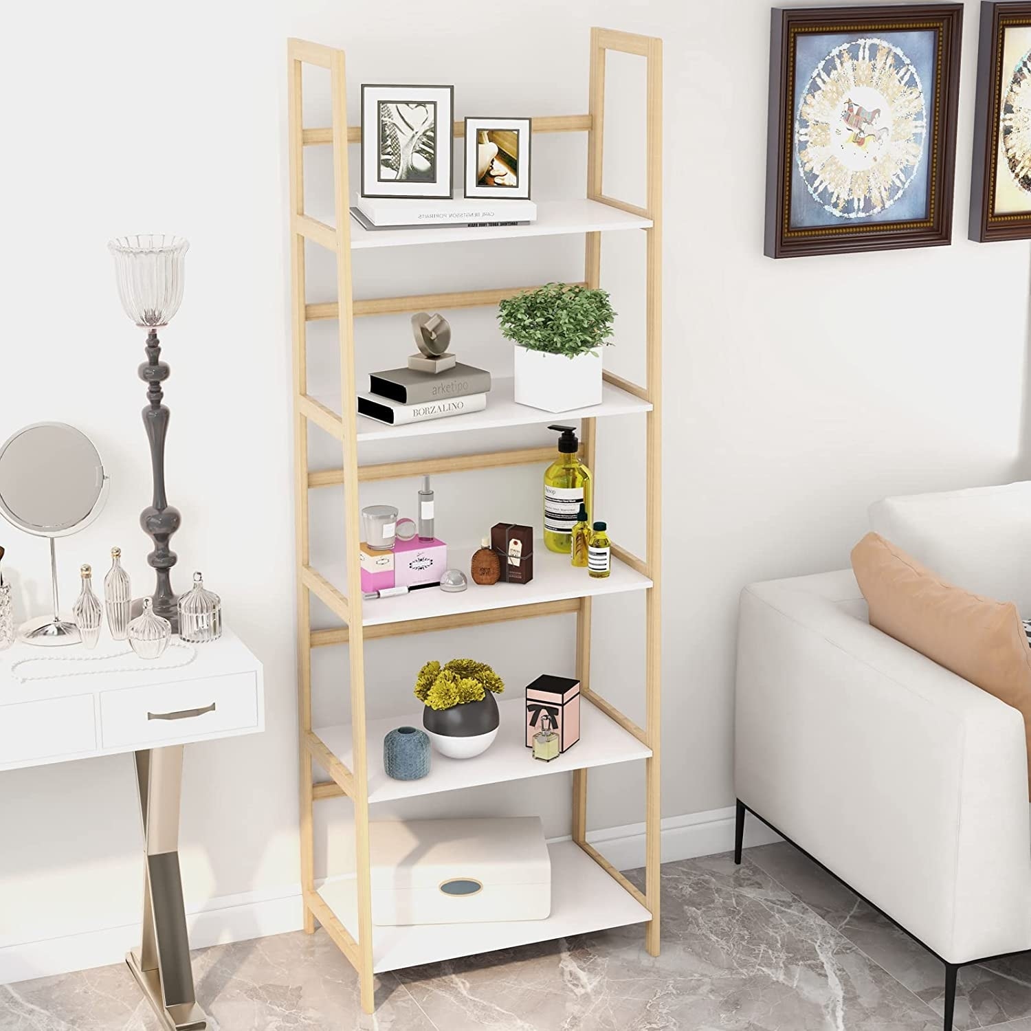 5 Tier White Ladder Shelf Modern Wood Ladder Bookshelf Leaning