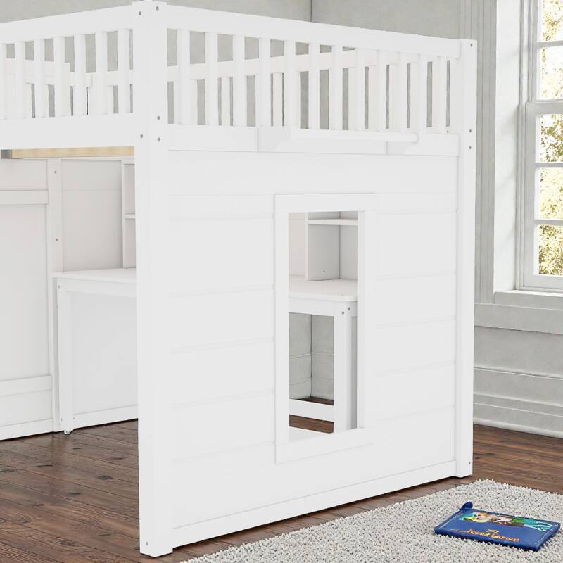 Loft Bed with Movable Desk, Storage Stairs & Shelves, Solid Wood Twin/Full High Loft Bed with Study Area & Safety Guardrails