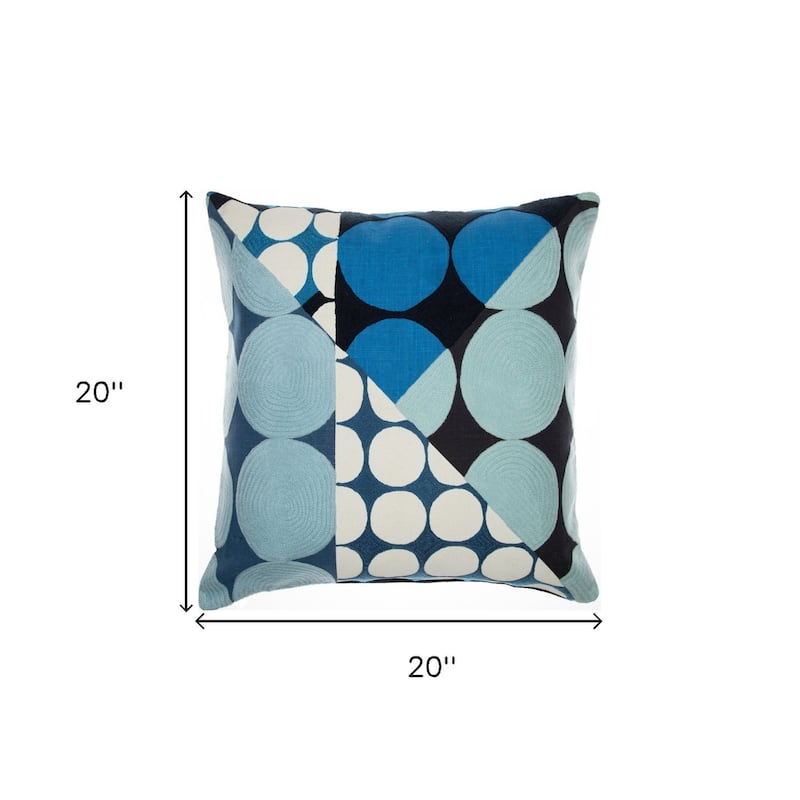 HomeRoots 20" Blue and Ivory Geometric Cotton Throw Pillow With Embroidery