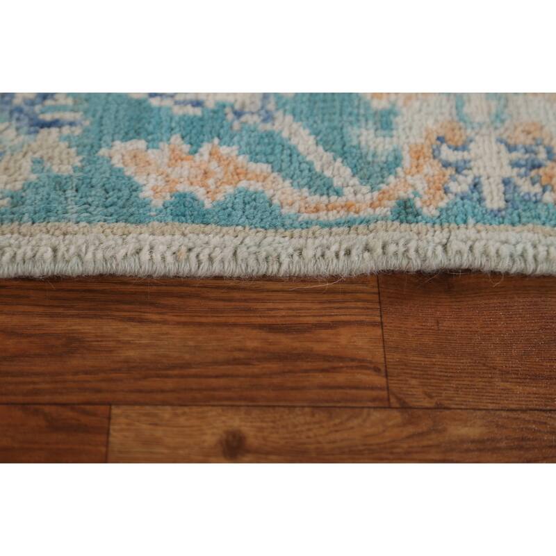 Hand Knotted Oriental 100% Wool Carpet Transitional Geometric Green Oushak Area Rug - 2' 11'' X 1' 11''