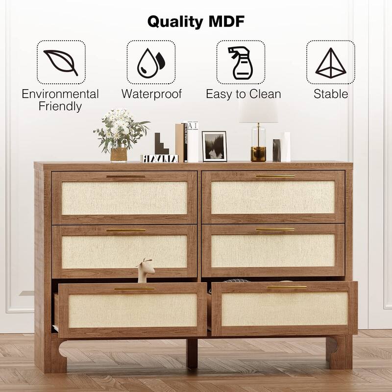 6 Drawers Dresser for Bedroom, Burlap Design Wood Drawer Dresser Chest of Drawers for Closet