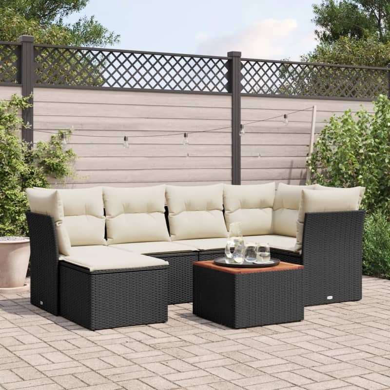 vidaXL Patio Sofa Set with Cushions Outdoor Furniture 7 Piece Poly Rattan - 24.4 x 24.4 x 27.2 - Black and Cream