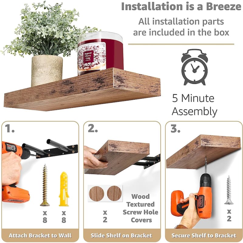 Floating Shelf Set Rustic Wood Hanging Rectangle Wall Shelves (2-Pack) - 16.25" L x 5.50" W X 1.50" H